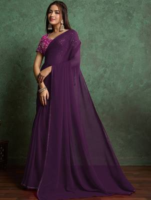 Purple sequinned border saree with heavy embroidered blouse piece 3