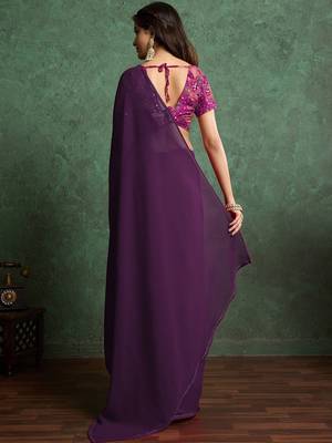 Purple sequinned border saree with heavy embroidered blouse piece 4