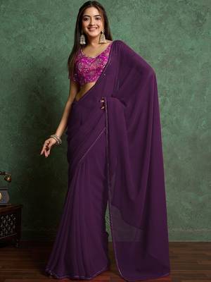 Purple sequinned border saree with heavy embroidered blouse piece 5