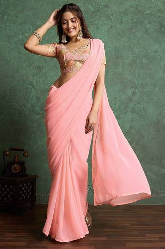 Pink solid pink saree with sequinned detail blouse piece