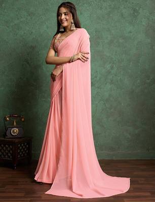 Pink solid pink saree with sequinned detail blouse piece 2
