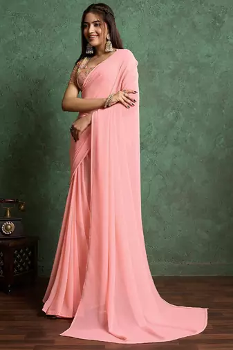 Pink solid pink saree with sequinned detail blouse piece