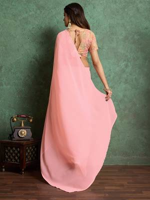 Pink solid pink saree with sequinned detail blouse piece 3