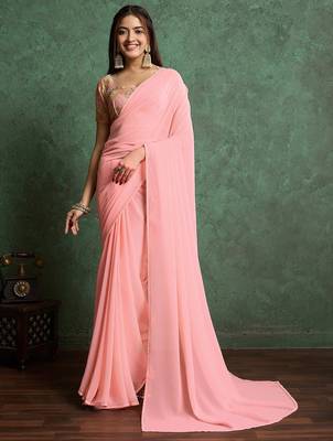 Pink solid pink saree with sequinned detail blouse piece 4