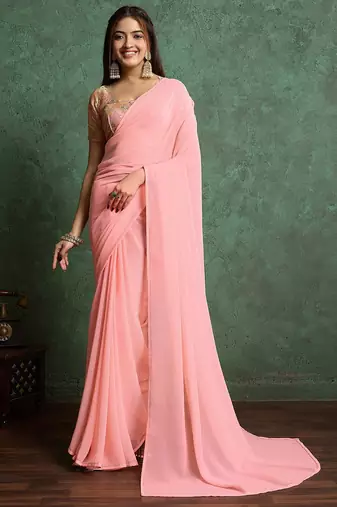 Pink solid pink saree with sequinned detail blouse piece