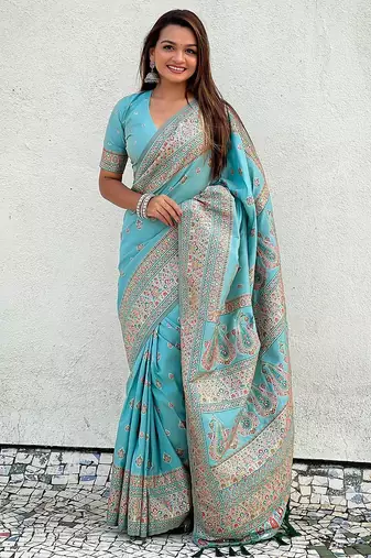 Blue woven design silk blend saree