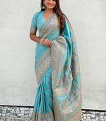 Blue woven design silk blend saree