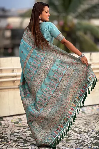 Blue woven design silk blend saree