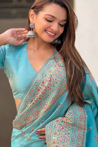 Blue woven design silk blend saree