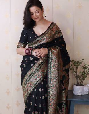 Black woven design zari silk blend saree 1