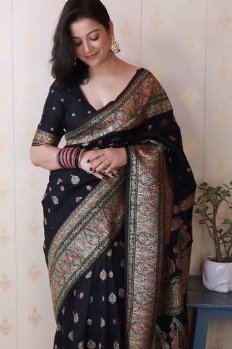 Black woven design zari silk blend saree