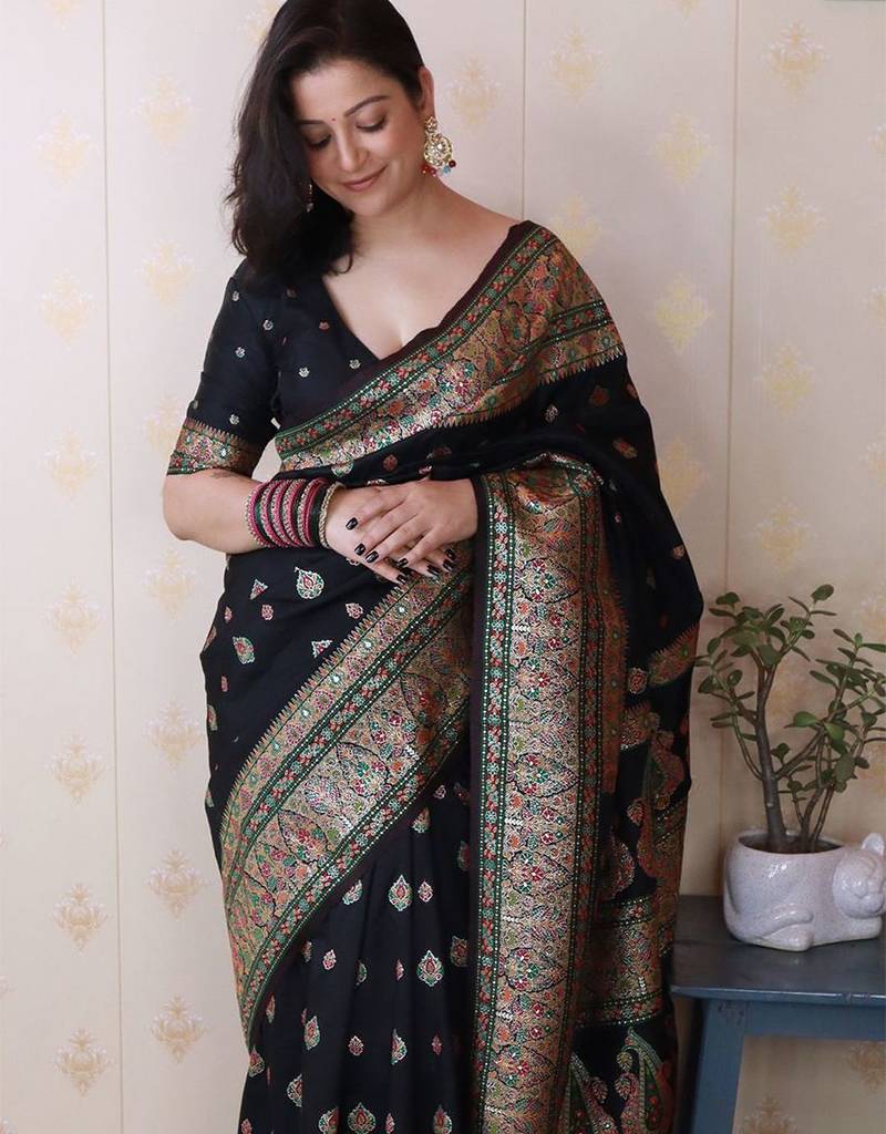 Black woven design zari silk blend saree