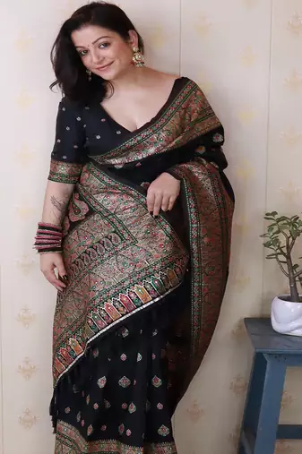 Black woven design zari silk blend saree