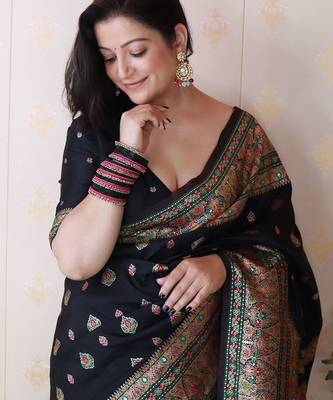 Black woven design zari silk blend saree 3