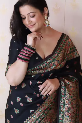 Black woven design zari silk blend saree