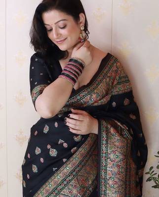 Black woven design zari silk blend saree 4
