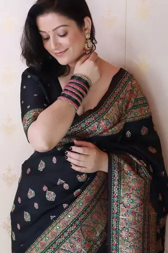 Black woven design zari silk blend saree