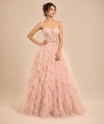 Rose pink embroidered tulle net ruffle gown 1