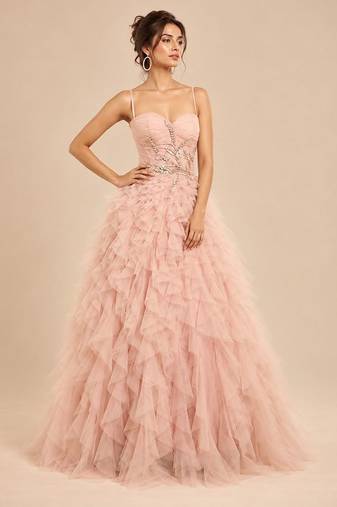 Rose pink embroidered tulle net ruffle gown