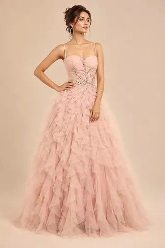 Rose pink embroidered tulle net ruffle gown