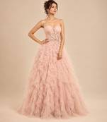 Rose pink embroidered tulle net ruffle gown