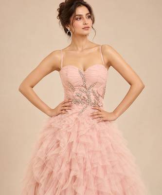 Rose pink embroidered tulle net ruffle gown 2