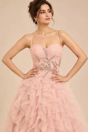 Rose pink embroidered tulle net ruffle gown