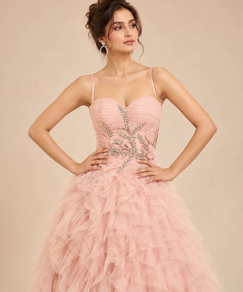 Rose pink embroidered tulle net ruffle gown