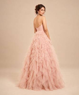 Rose pink embroidered tulle net ruffle gown 3