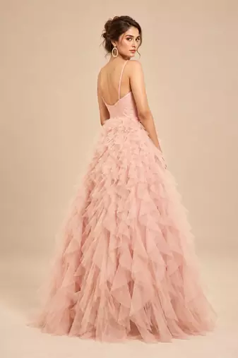 Rose pink embroidered tulle net ruffle gown