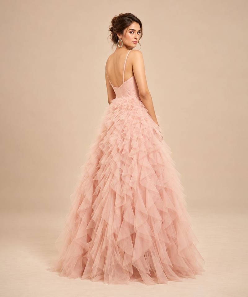 Rose pink embroidered tulle net ruffle gown