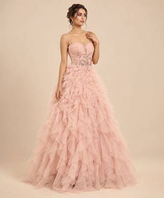Rose pink embroidered tulle net ruffle gown 4