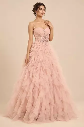 Rose pink embroidered tulle net ruffle gown