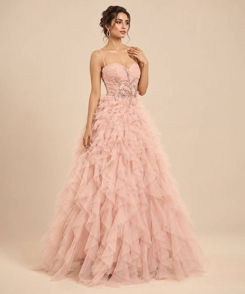 Rose pink embroidered tulle net ruffle gown