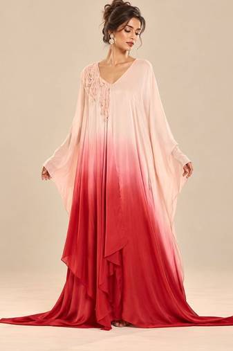 Rose gold and red ombre satin organza embroidered kaftan