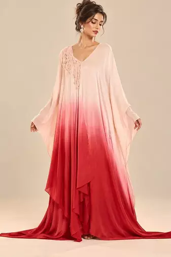Rose gold and red ombre satin organza embroidered kaftan