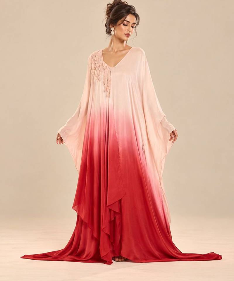 Rose gold and red ombre satin organza embroidered kaftan