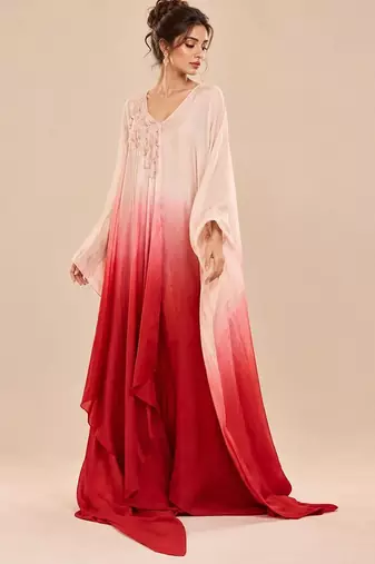 Rose gold and red ombre satin organza embroidered kaftan