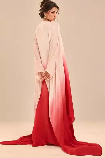 Rose gold and red ombre satin organza embroidered kaftan