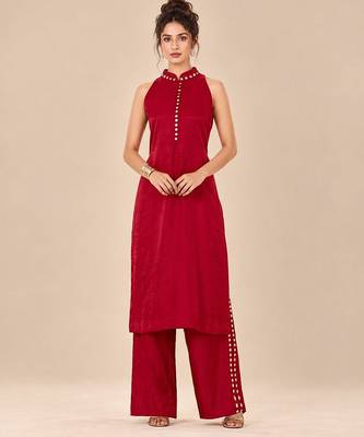 Red embroidered dupion satin kurta set 1