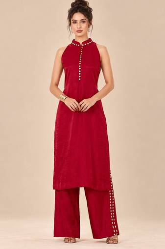 Red embroidered dupion satin kurta set
