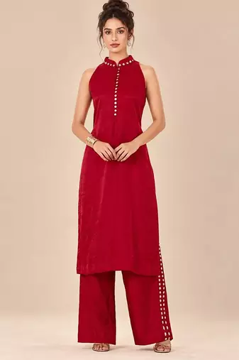 Red embroidered dupion satin kurta set