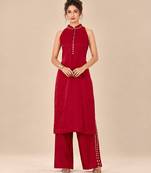 Red embroidered dupion satin kurta set