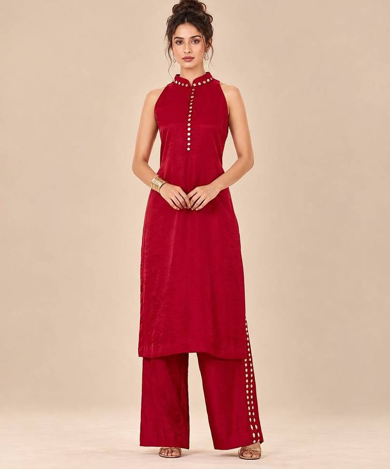 Red embroidered dupion satin kurta set