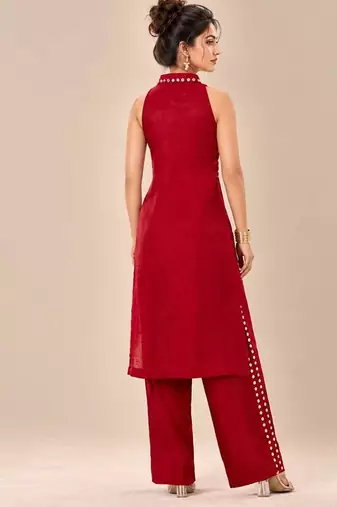 Red embroidered dupion satin kurta set