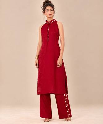 Red embroidered dupion satin kurta set 3
