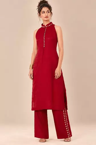 Red embroidered dupion satin kurta set