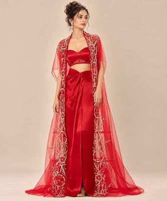 Red embroidered mashroo silk drape skirt set with embroidered cape 1