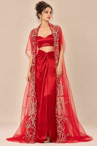 Red embroidered mashroo silk drape skirt set with embroidered cape