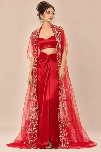 Red embroidered mashroo silk drape skirt set with embroidered cape
